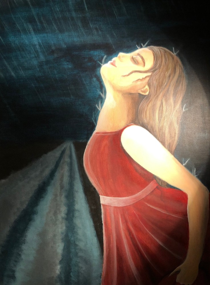 painting of girl in red dress facing upwards with closed eyes
